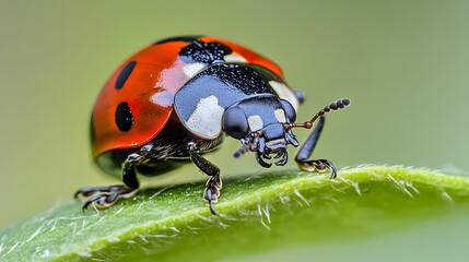 Fototapeta premium Macro Photography of Ladybug on Green Leaf, Detailed Insect Closeup