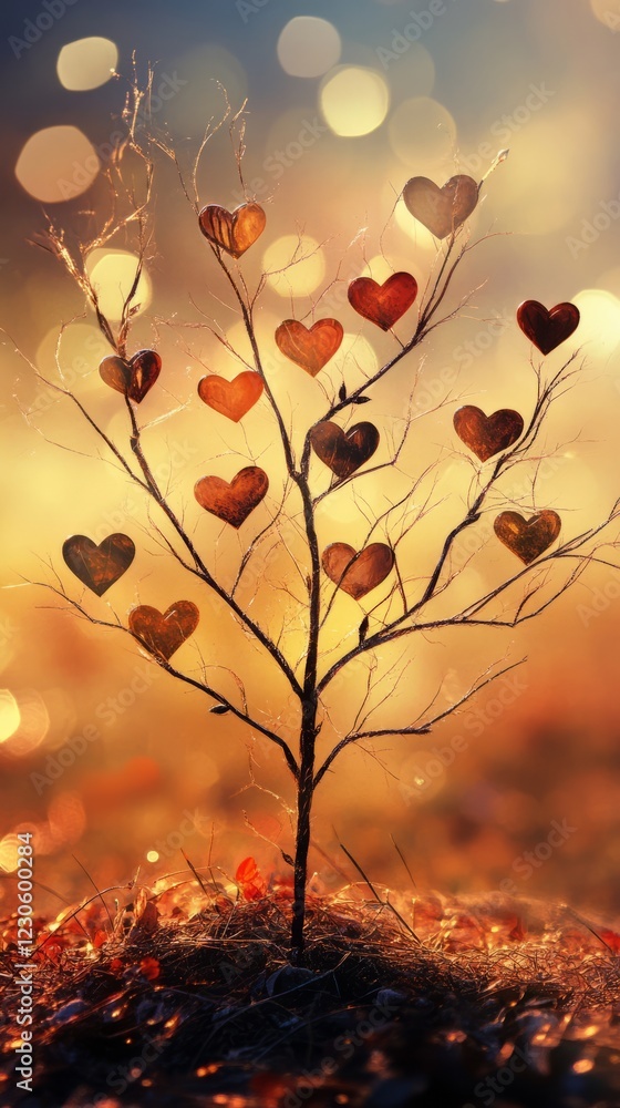 Poster tree with many hearts on it. the tree is in the fall and the leaves are red