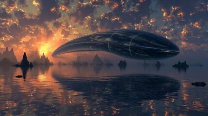 Obraz premium Black with silvery reflections a cigar-shaped UFO _003