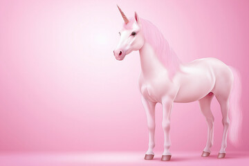 Magical unicorn standing on a pink background with soft lighting