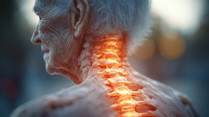 An elderly woman with highlighted cervical spine in pain.