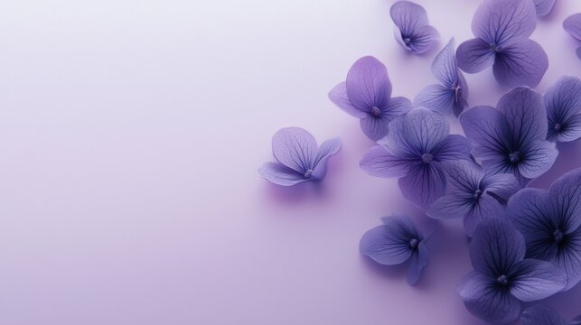 Flat lay of a group of purple hydrangea flowers on a light purple background. the flowers are arranged in a scattered manner, with some overlapping each other.
