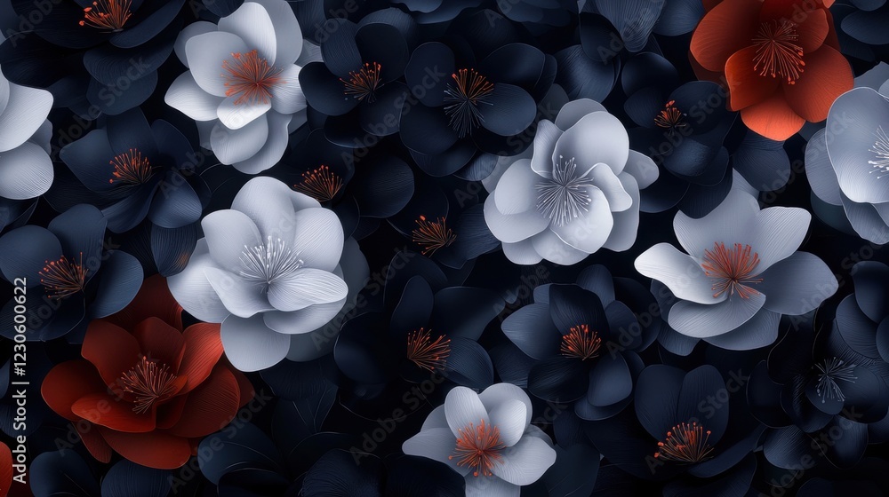 Poster seamless pattern of white and red flowers on a dark blue background. the flowers are arranged in a r