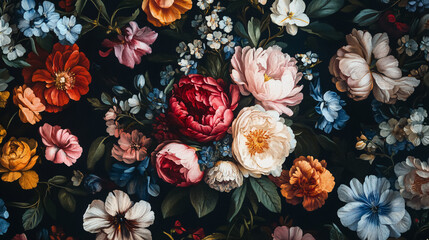 A vintage bouquet of beautiful flowers against a black floral background, featuring a baroque old-fashioned style pattern, suitable for wallpaper or greeting cards.