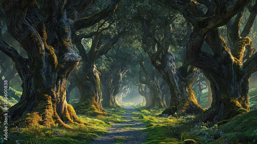 Poster Mossy ancient trees line a forest path sunlight streams through