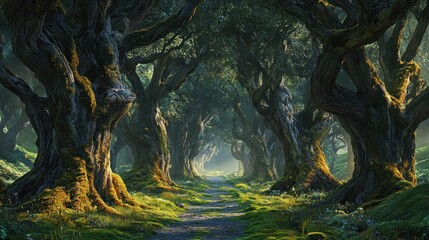 Mossy ancient trees line a forest path sunlight streams through