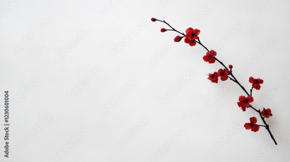 Poster photograph of a branch with small red flowers on it. the branch is straight and extends upwards towa
