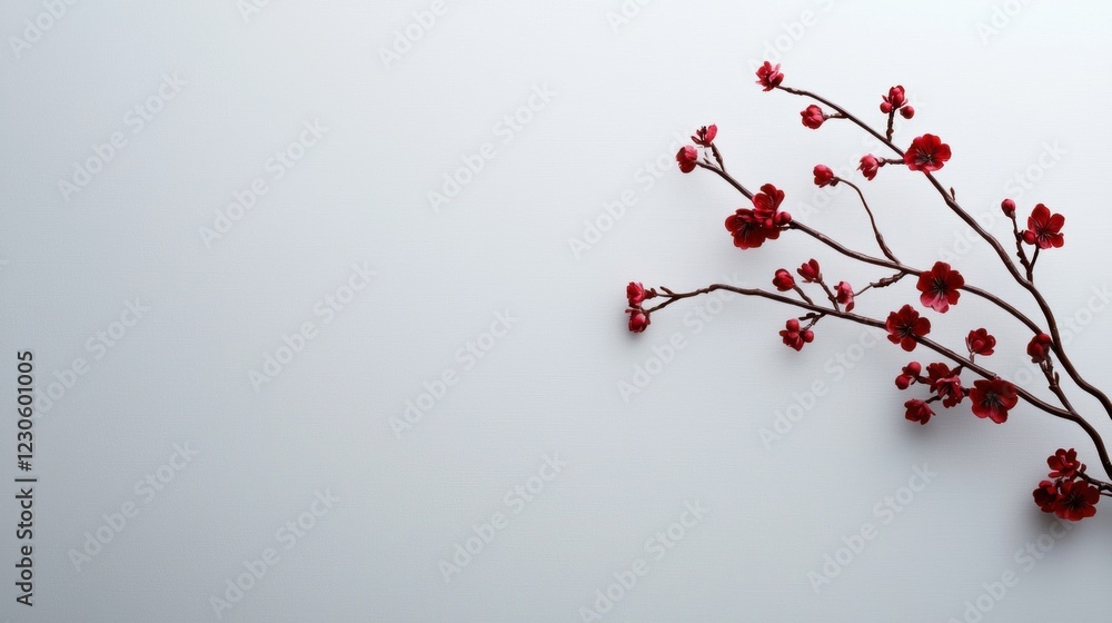 Aufkleber photograph of a branch of a tree with small red flowers on it. the branch is on the right side of th