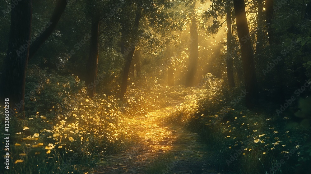 Poster sunlight filters through trees, illuminating a tranquil forest path surrounded by lush greenery and 