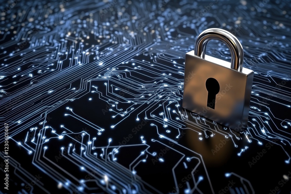 Poster digital padlock on a circuit board with glowing connections and data patterns