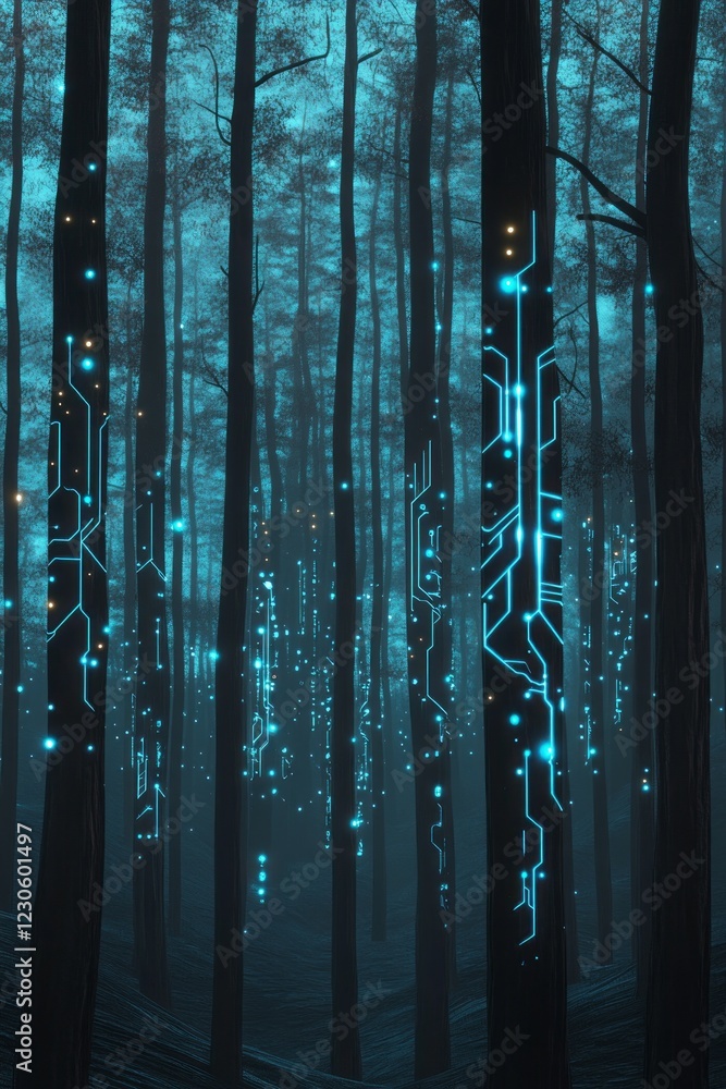 Poster a mystical forest scene with glowing digital patterns on trees, creating a futuristic and enchanting