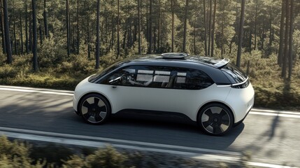 Modern electric car drives through a forest landscape