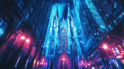 Obraz premium Vibrant night cityscape with gothic church.