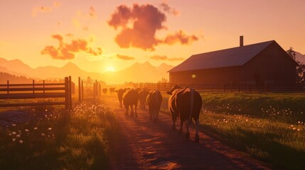 Obraz premium A herd of cows are walking down a dirt road in front of a farmhouse. The sun is setting, casting a warm glow over the scene. The cows are grazing in the field