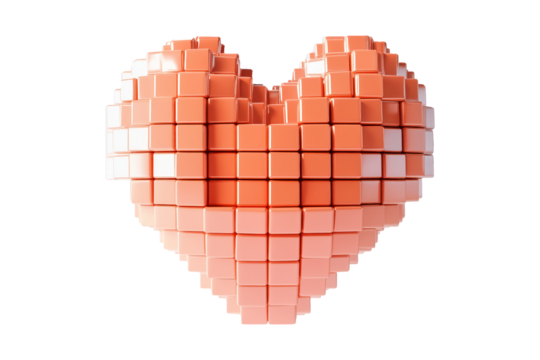 Abstract pink cubic pixel heart shape, isolated on white transparent background. Concept of love, technology, and modern design