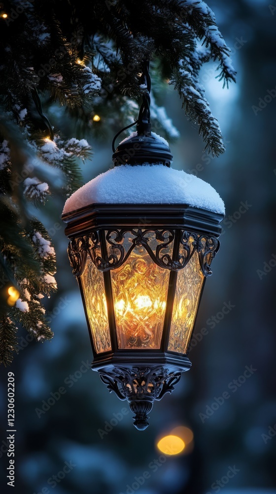 Poster lamp hanging from a tree with snow on it. the light is on and the lamp is lit