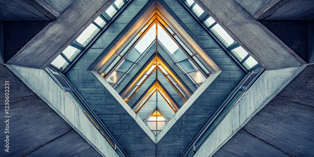 Poster symmetrical view of a modern architectural structure with geometric patterns and warm lighting, show