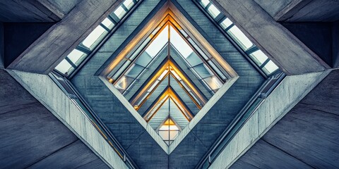 Obraz premium Symmetrical view of a modern architectural structure with geometric patterns and warm lighting, showcasing contemporary design.