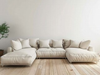 Minimalist living room with a large white sectional sofa and wooden floor