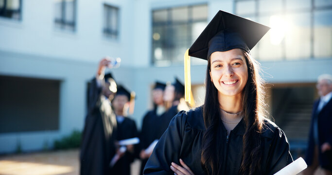 Graduation, portrait and success for woman, celebration and achievement for people with scholarship or happy. Joy, excited and group of students with knowledge, education and completion of university