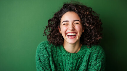 Obraz premium A playful woman with curly hair bursts into laughter, wearing a cozy green sweater. Her easy-going nature and radiant smile contrast against a striking green background, exuding po