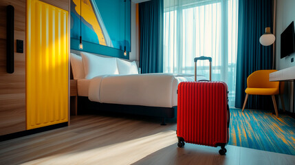 Luggage in a modern colorful and funky hotel room