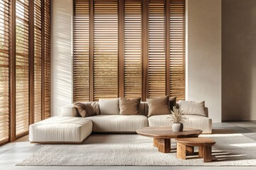 Wooden shutter blinds d in a modern living room, blending natural tones with contemporary design