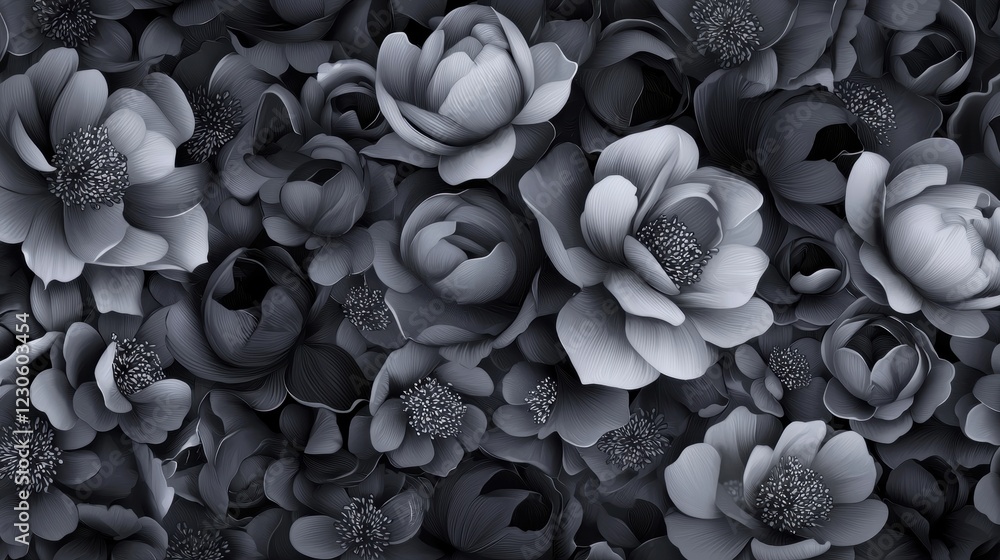 Poster seamless pattern of black and white flowers. the flowers are arranged in a repeating pattern, with e