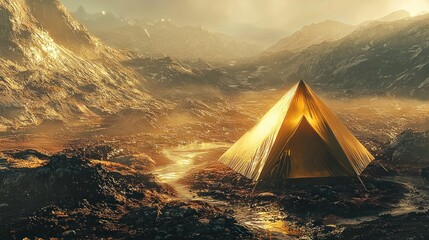 Golden pyramid tent in a mountainous landscape at sunset.