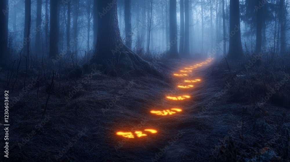 Poster a path in the woods with orange footprints. the footprints are glowing in the dark. the path is line