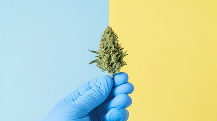 Cannabis Research: A gloved hand delicately holds a cannabis bud against a vibrant blue and yellow backdrop.  The image evokes a sense of scientific study and careful examination.
