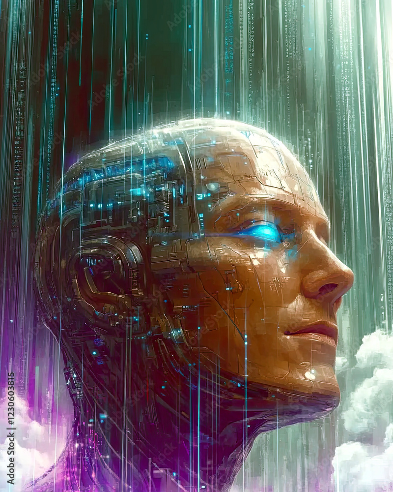 Poster futuristic vision of artificial intelligence with glowing circuitry against a dark backdrop