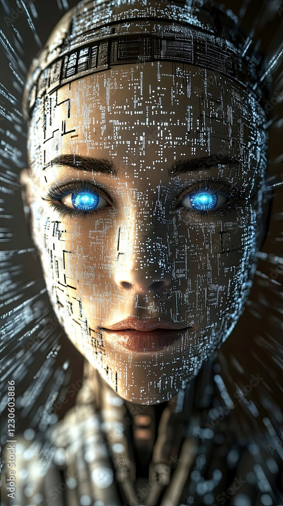 Poster futuristic artificial intelligence emerges amidst glowing circuitry and metallic shadows