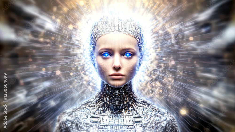 Poster Futuristic Artificial Intelligence Illuminated by Neon Circuitry in a Dark Metallic Environment