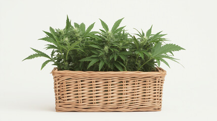 Naklejka premium Cannabis Saplings in Wicker Basket: Lush, vibrant cannabis saplings thrive in a rustic wicker basket, their bright green leaves promising growth and potential.