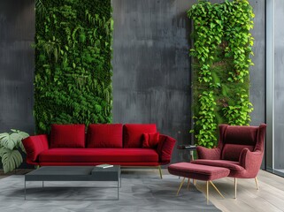 Modern living room with red velvet furniture. green vertical gardens. and grey concrete walls