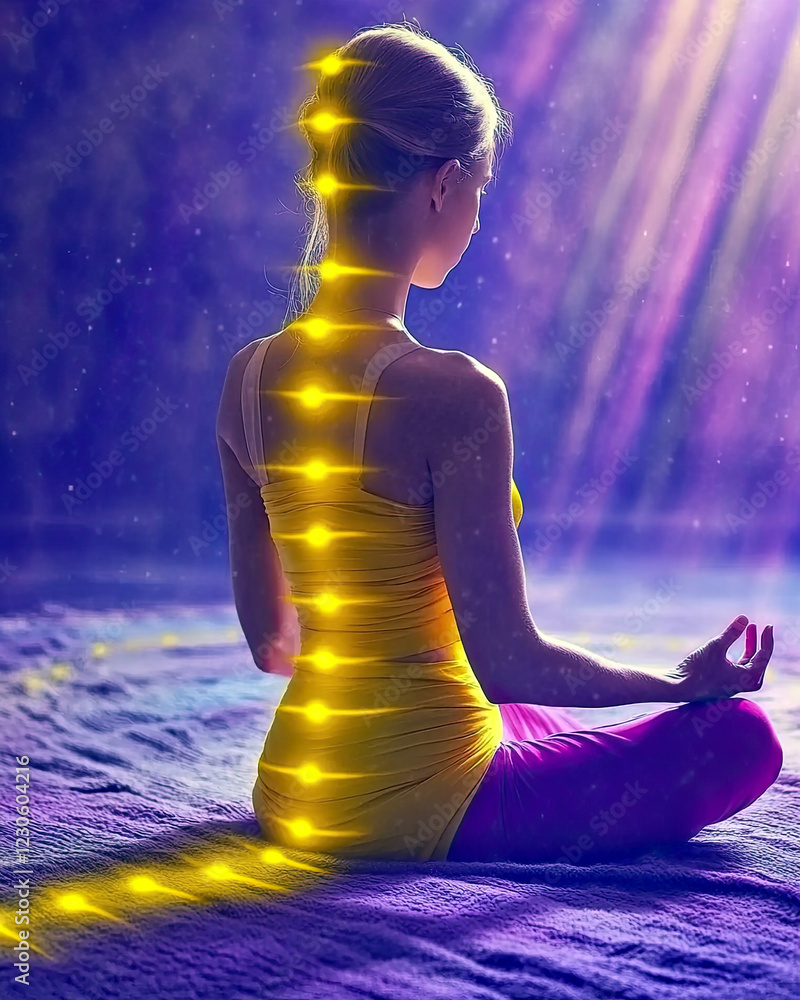 Poster silhouette of a serene figure meditating with glowing chakra points aligned along the spine