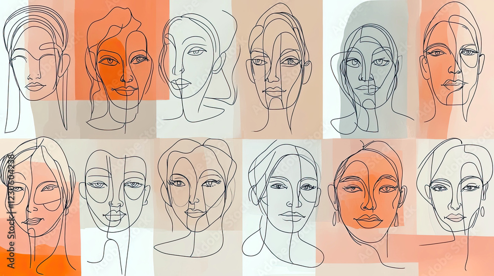 Poster continuous line drawing celebrates diversity in facial structures on a pastel canvas