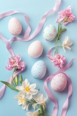 Fototapeta premium Vibrant pastel colored Easter eggs with candy coating, arranged with pink and white baby's breath flowers on a soft focus blue table.