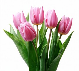 Five pink tulips isolated on a white background