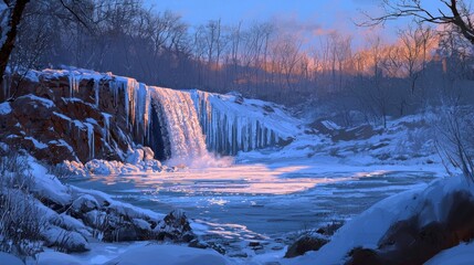 Frozen waterfall in winter forest at sunset.