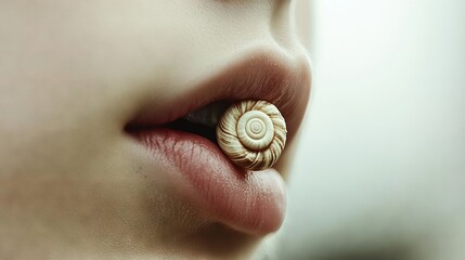   A woman's lips are adorned with two shells at their center