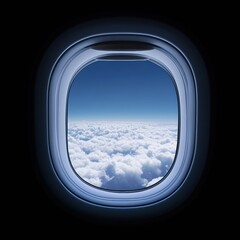 Wing of airplane soaring above soft clouds with clear blue sky in view from the cabin window. Generative AI