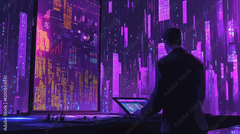 Poster Man Working in Futuristic Digital Environment