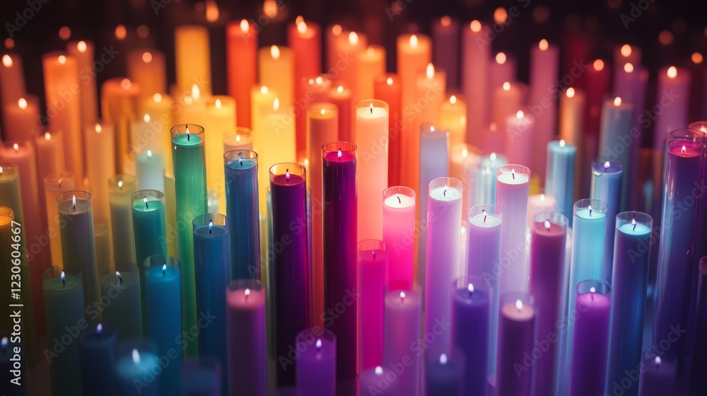 Poster a stunning display of multicolored candles illuminating a dark space, creating a cozy and inviting a