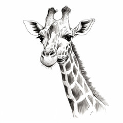 Obraz premium Head of a giraffe isolated on a white background, angle view, black and white simple sketch, icon, minimalism, no people, close-up, cheerful
