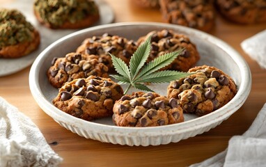 Obraz premium Delicious Chocolate Chip Cookies with Cannabis Leaf