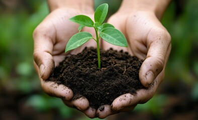 Hands nurturing a young plant in rich soil for a sustainable future