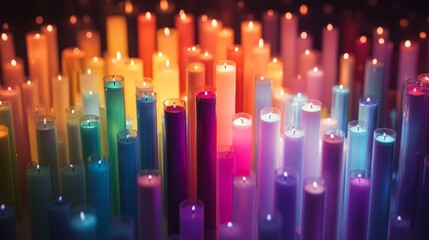 A stunning display of multicolored candles illuminating a dark space, creating a cozy and inviting atmosphere.