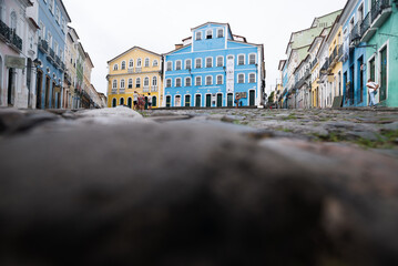 Naklejka premium View of old houses and streets in Pelourinho, located in the historic center of the city of Salvador, Brazil.